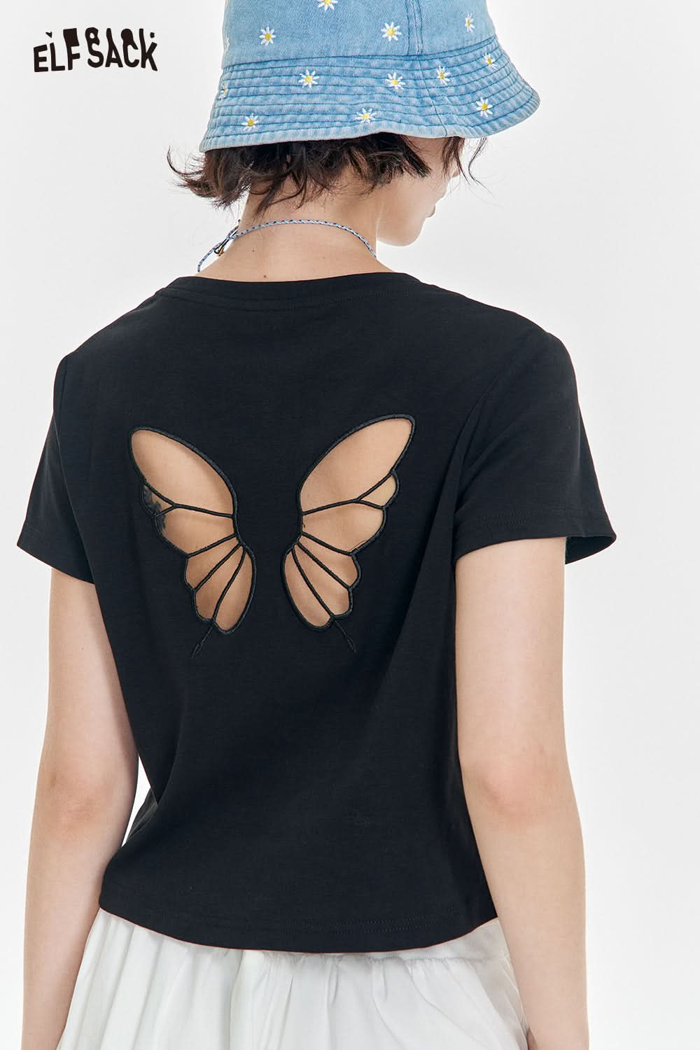 ELFSACK Butterfly Hollow Solid Color Letter Short Sleeve T-shirt Women Casual Cropped Top