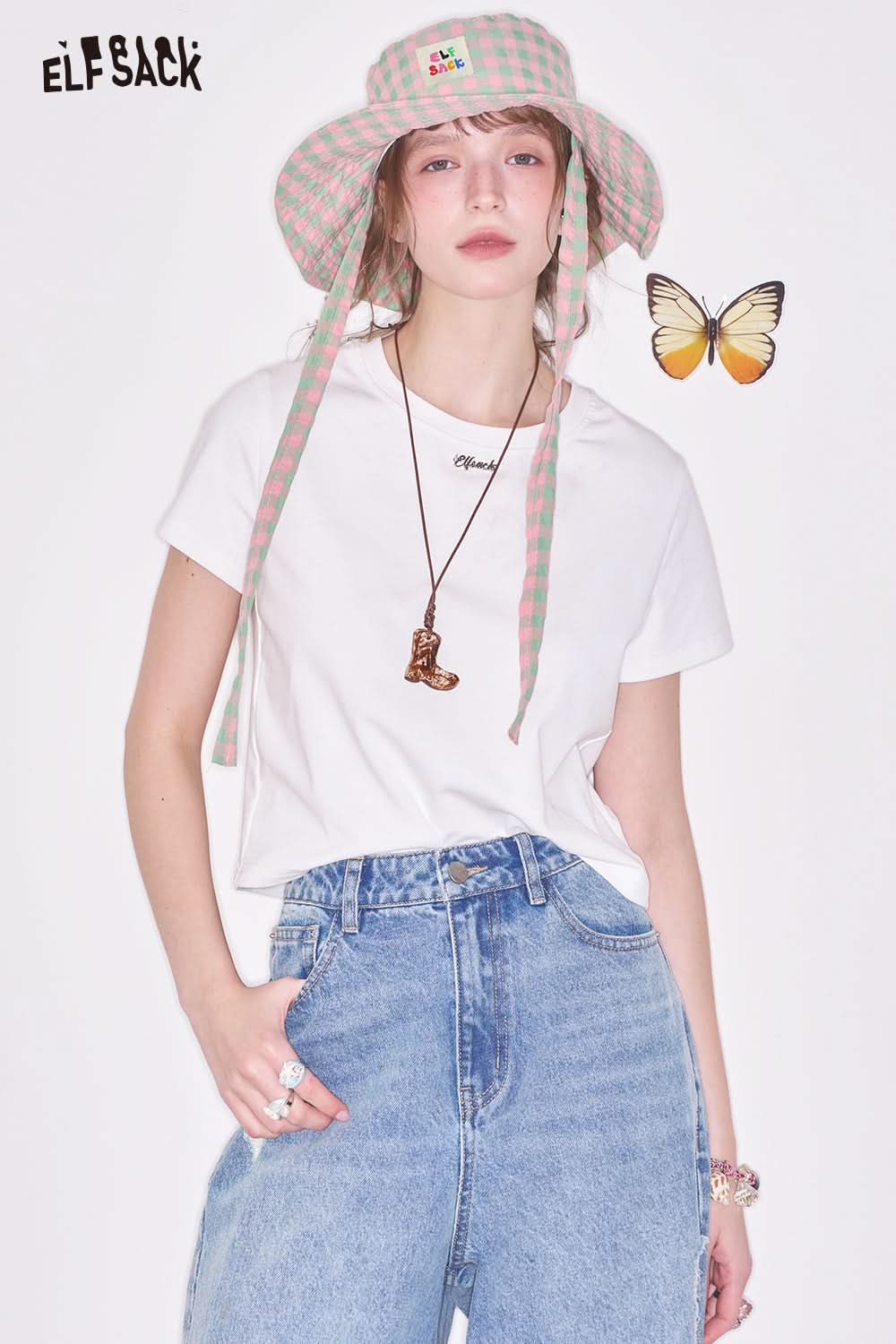 ELFSACK Butterfly Hollow Solid Color Letter Short Sleeve T-shirt Women Casual Cropped Top