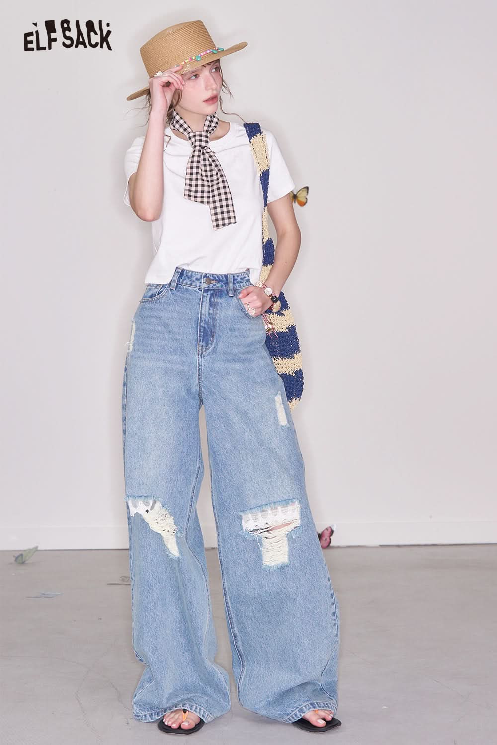 ELFSACK Butterfly Hollow Solid Color Letter Short Sleeve T-shirt Women Casual Cropped Top