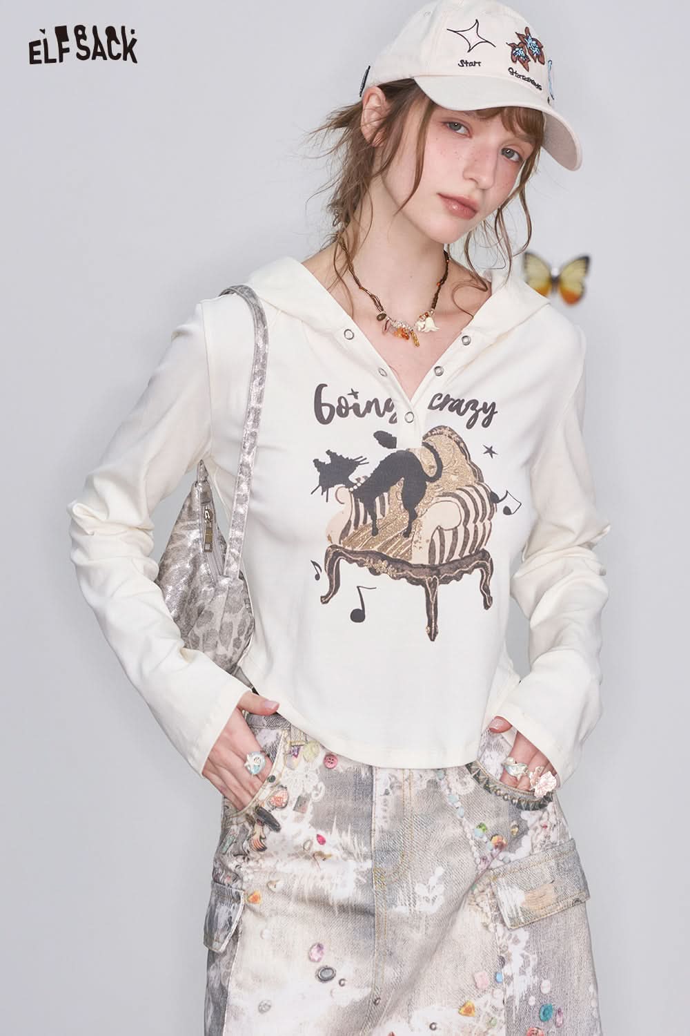 ELFSACK Cartoon Printed Hooded Long Sleeve T-Shirt Casual Sweet Cool Top