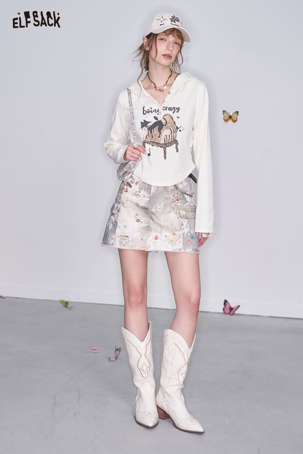 ELFSACK Cartoon Printed Hooded Long Sleeve T-Shirt Casual Sweet Cool Top