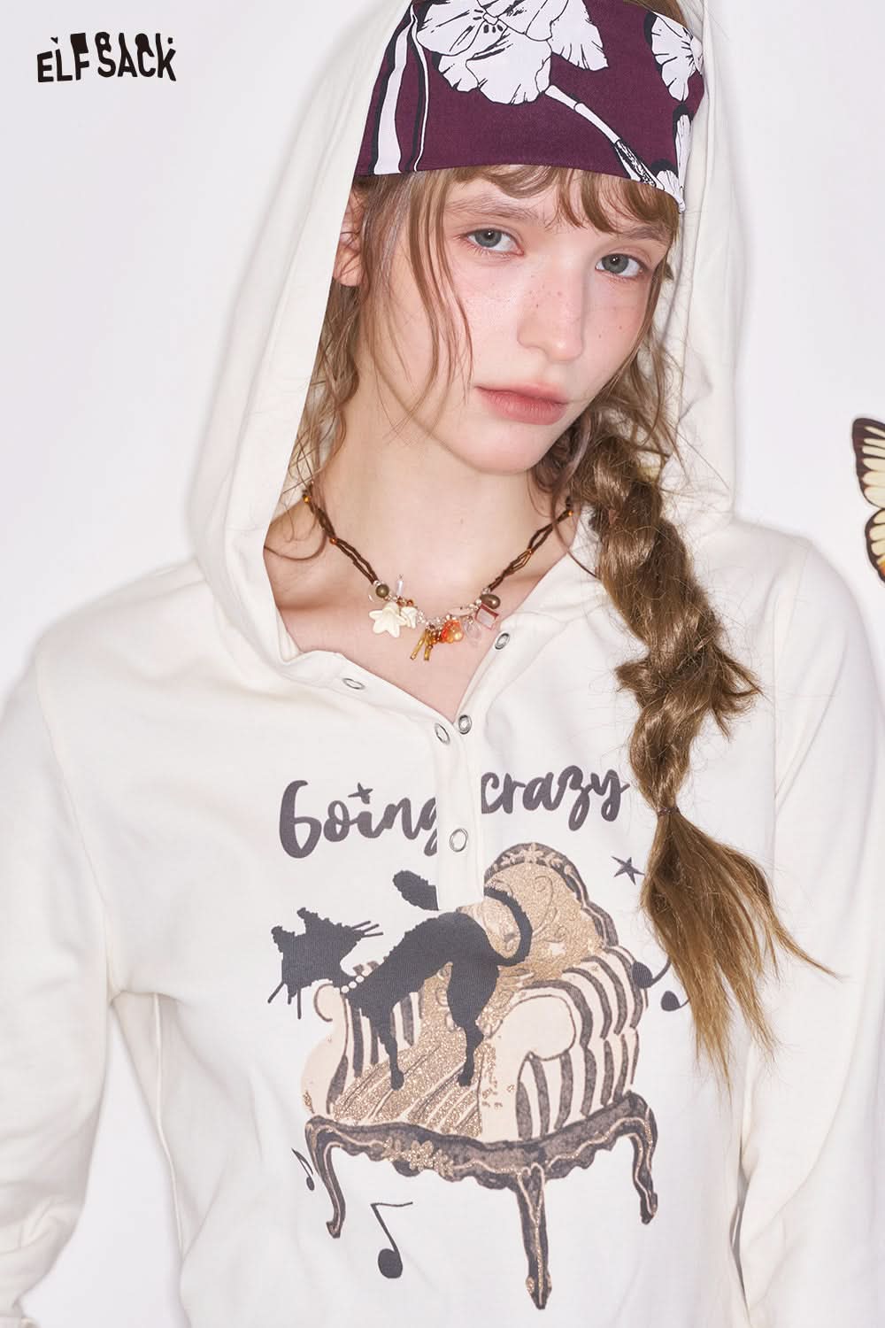 ELFSACK Cartoon Printed Hooded Long Sleeve T-Shirt Casual Sweet Cool Top