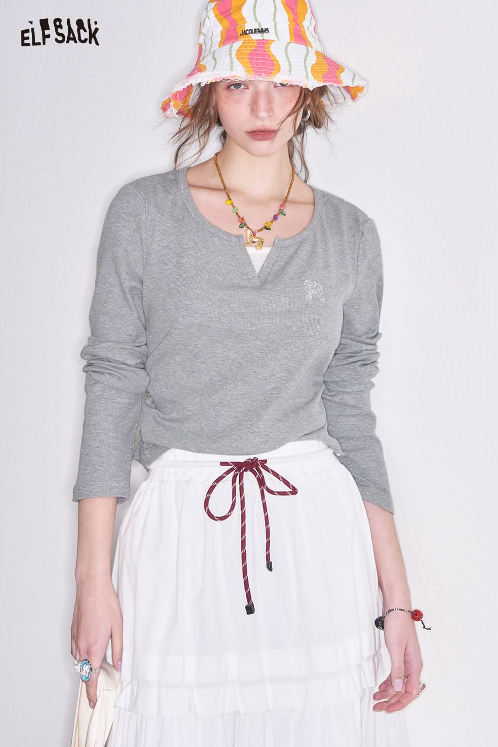 ELFSACK Sweet Bow Embroidery Tops Fake Two-Piece Long Sleeve O-neck T-Shirt Women