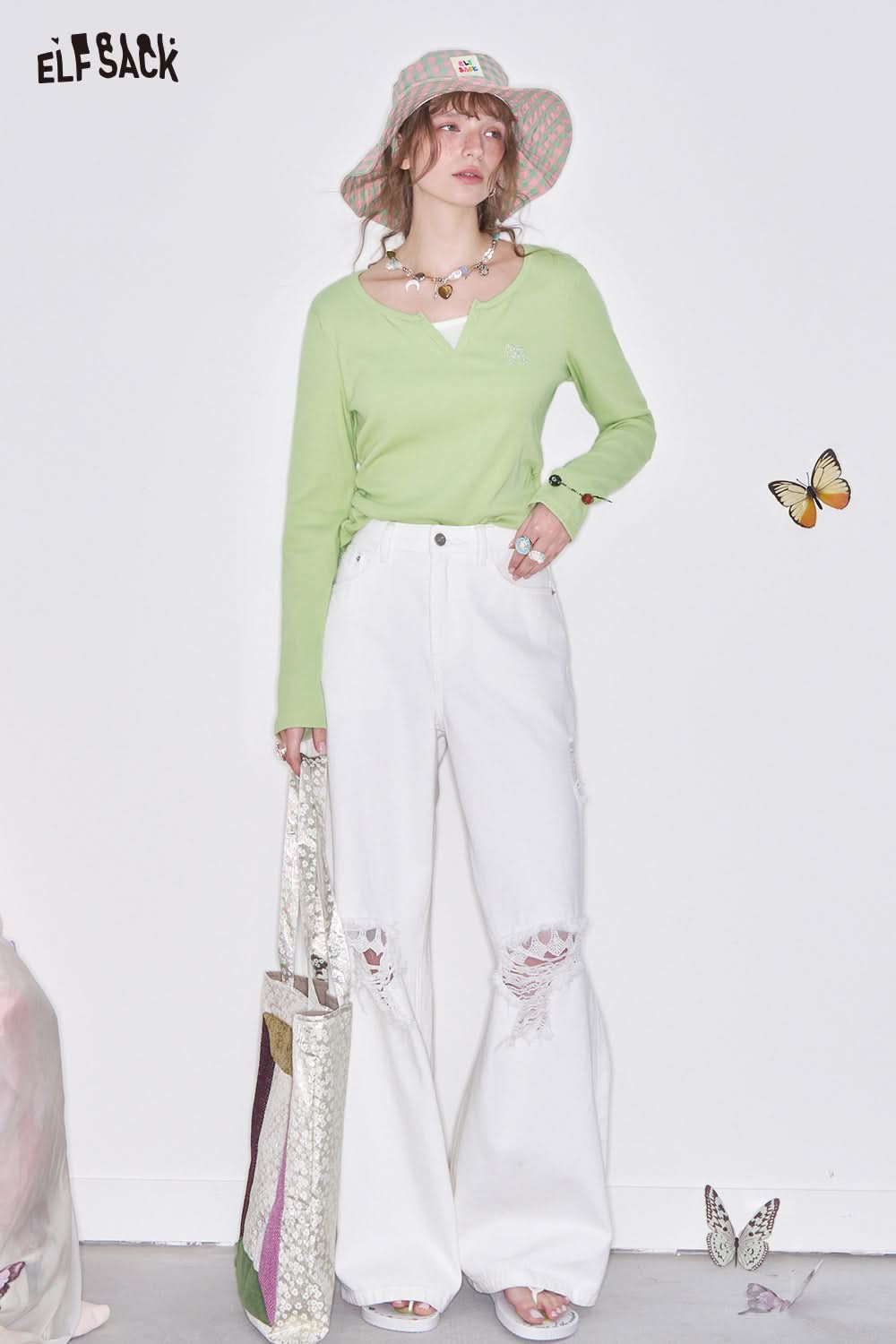 ELFSACK Sweet Bow Embroidery Tops Fake Two-Piece Long Sleeve O-neck T-Shirt Women
