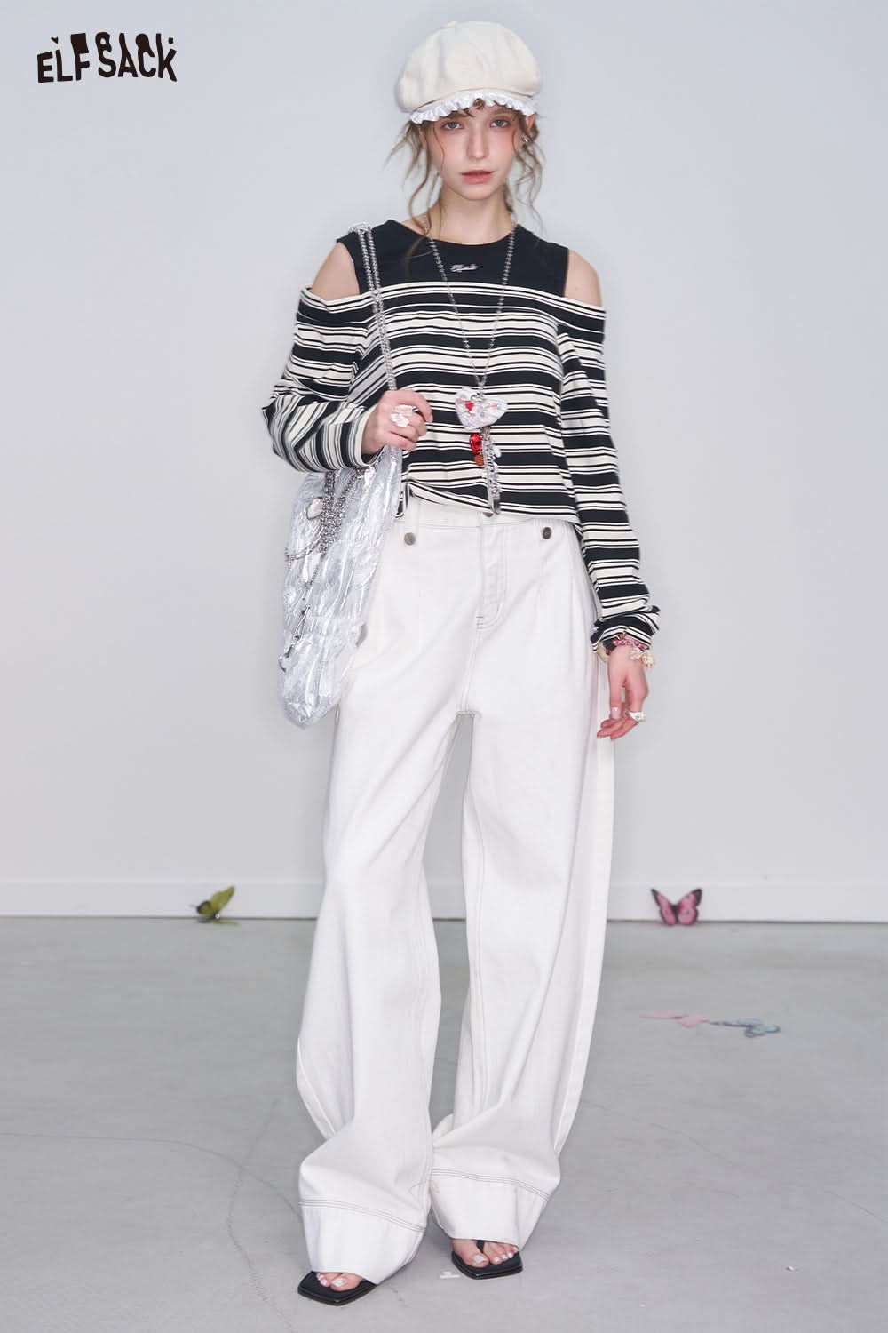 ELFSACK Y2K Long Sleeve Striped Off Shoulder T-Shirt Slim Fit Loose O-neck Letter Embroidery Top