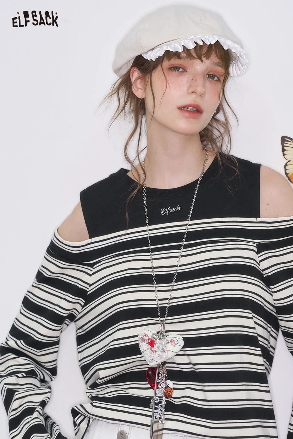 ELFSACK Y2K Long Sleeve Striped Off Shoulder T-Shirt Slim Fit Loose O-neck Letter Embroidery Top