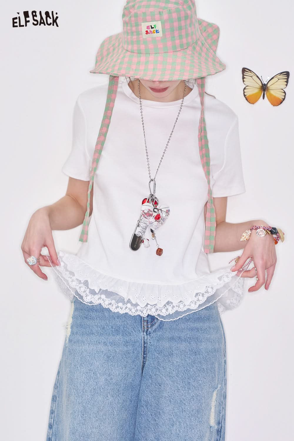 ELFSACK Y2K Bow Lace Solid Color Short Sleeve T-shirt Women Sweet Slim Fit O-neck Top