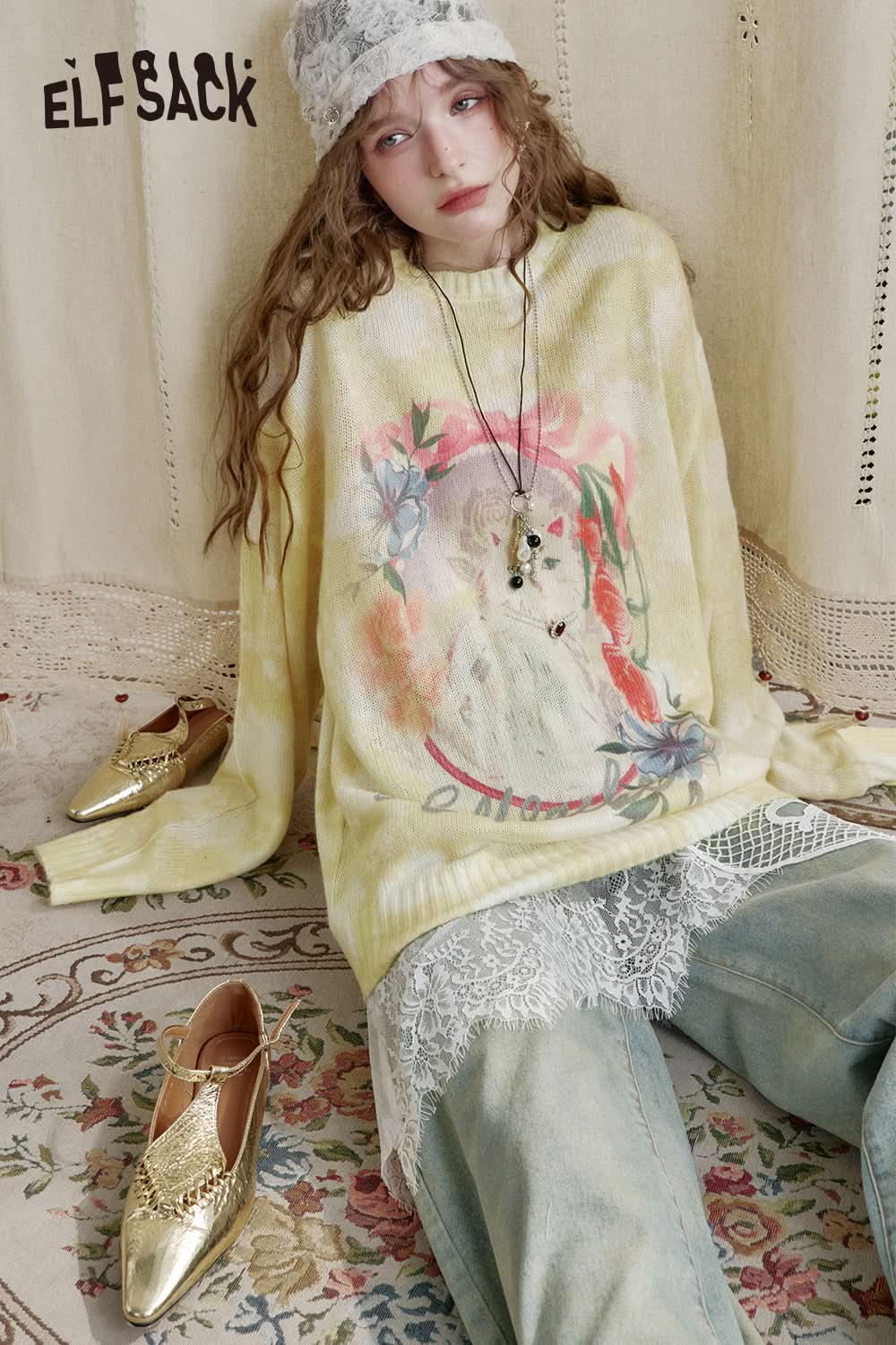 ELFSACK Y2K Cat Print Long Sleeve Knitted Pullover Women's Sweet Dopamine Cartoon Top