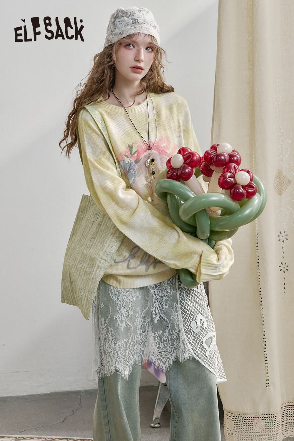 ELFSACK Y2K Cat Print Long Sleeve Knitted Pullover Women's Sweet Dopamine Cartoon Top