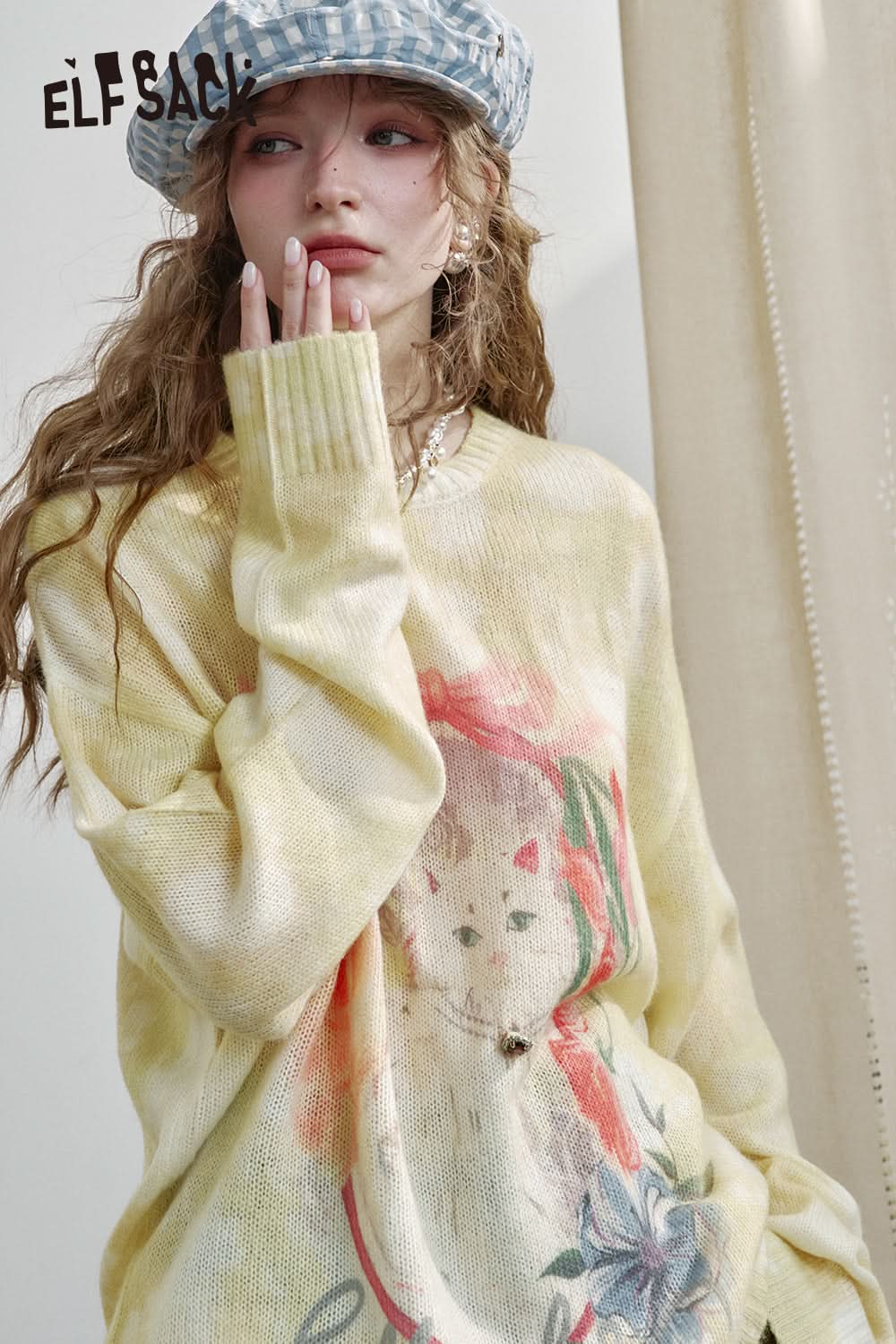 ELFSACK Y2K Cat Print Long Sleeve Knitted Pullover Women's Sweet Dopamine Cartoon Top