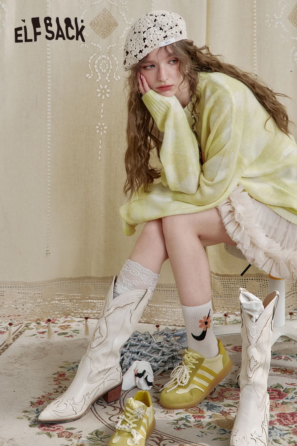 ELFSACK Y2K Cat Print Long Sleeve Knitted Pullover Women's Sweet Dopamine Cartoon Top