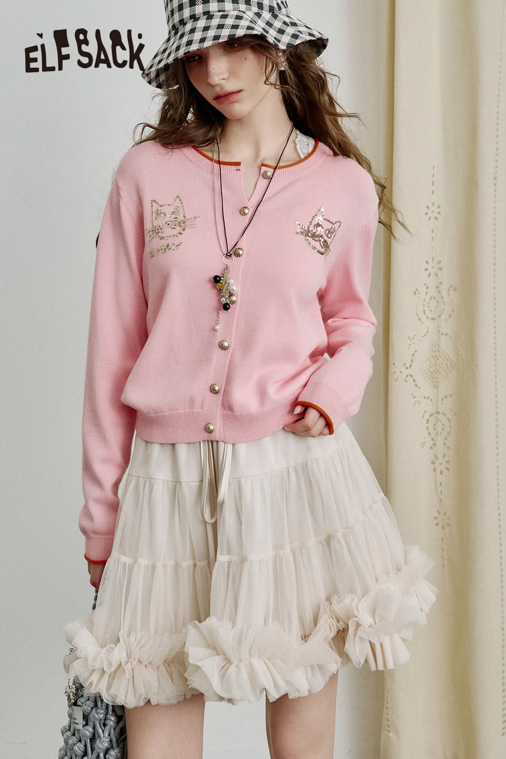 ELFSACK Y2K Cat Sequined Round Neck Knitted Cardigan Women Single Breasted Short Slim Fit Top