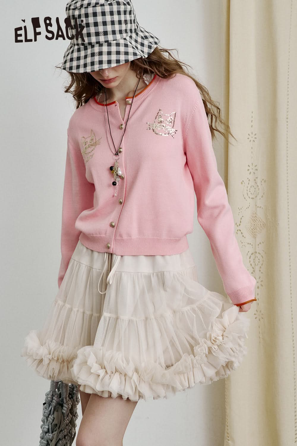 ELFSACK Y2K Cat Sequined Round Neck Knitted Cardigan Women Single Breasted Short Slim Fit Top