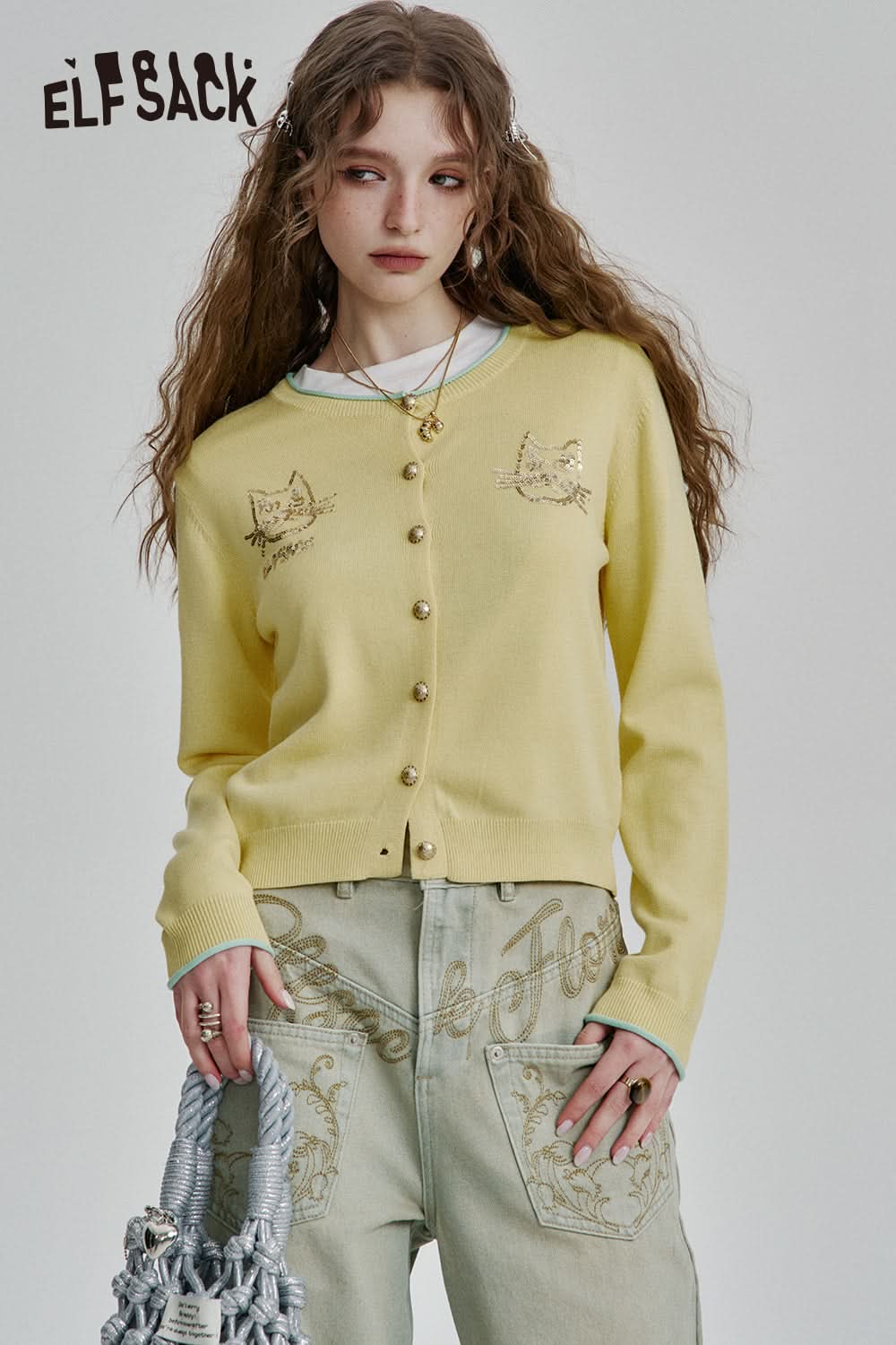 ELFSACK Y2K Cat Sequined Round Neck Knitted Cardigan Women Single Breasted Short Slim Fit Top