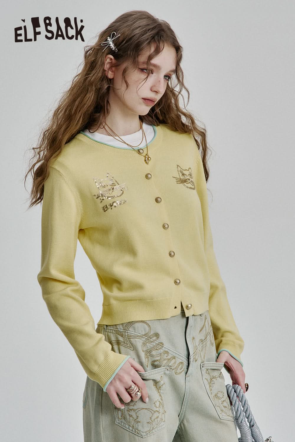 ELFSACK Y2K Cat Sequined Round Neck Knitted Cardigan Women Single Breasted Short Slim Fit Top