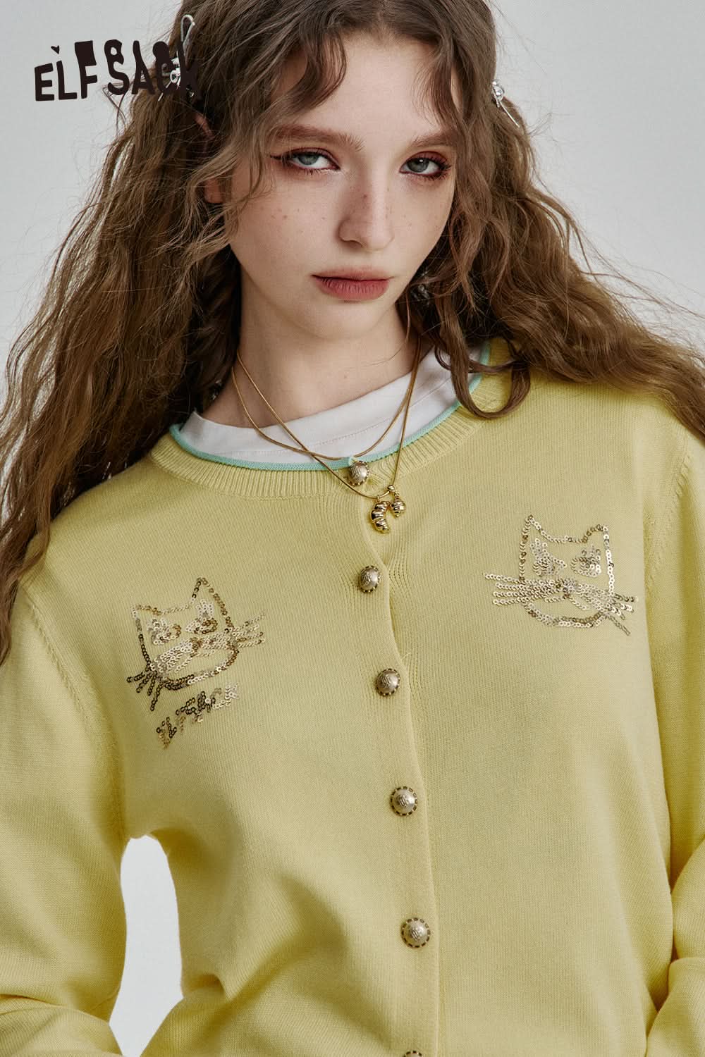 ELFSACK Y2K Cat Sequined Round Neck Knitted Cardigan Women Single Breasted Short Slim Fit Top