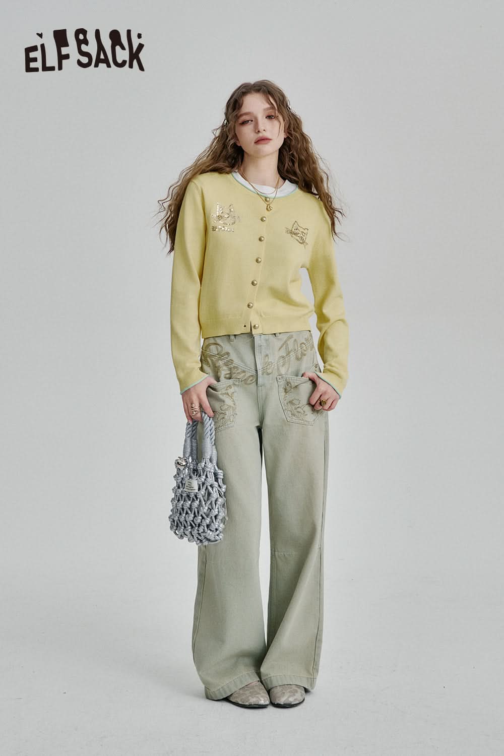 ELFSACK Y2K Cat Sequined Round Neck Knitted Cardigan Women Single Breasted Short Slim Fit Top