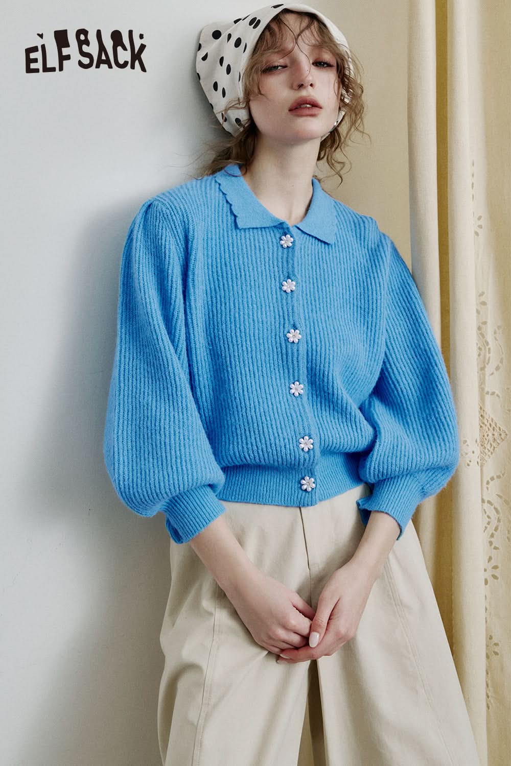 ELFSACK Doll collar single-breasted short knitted cardigan sweet lapel lantern sleeve top