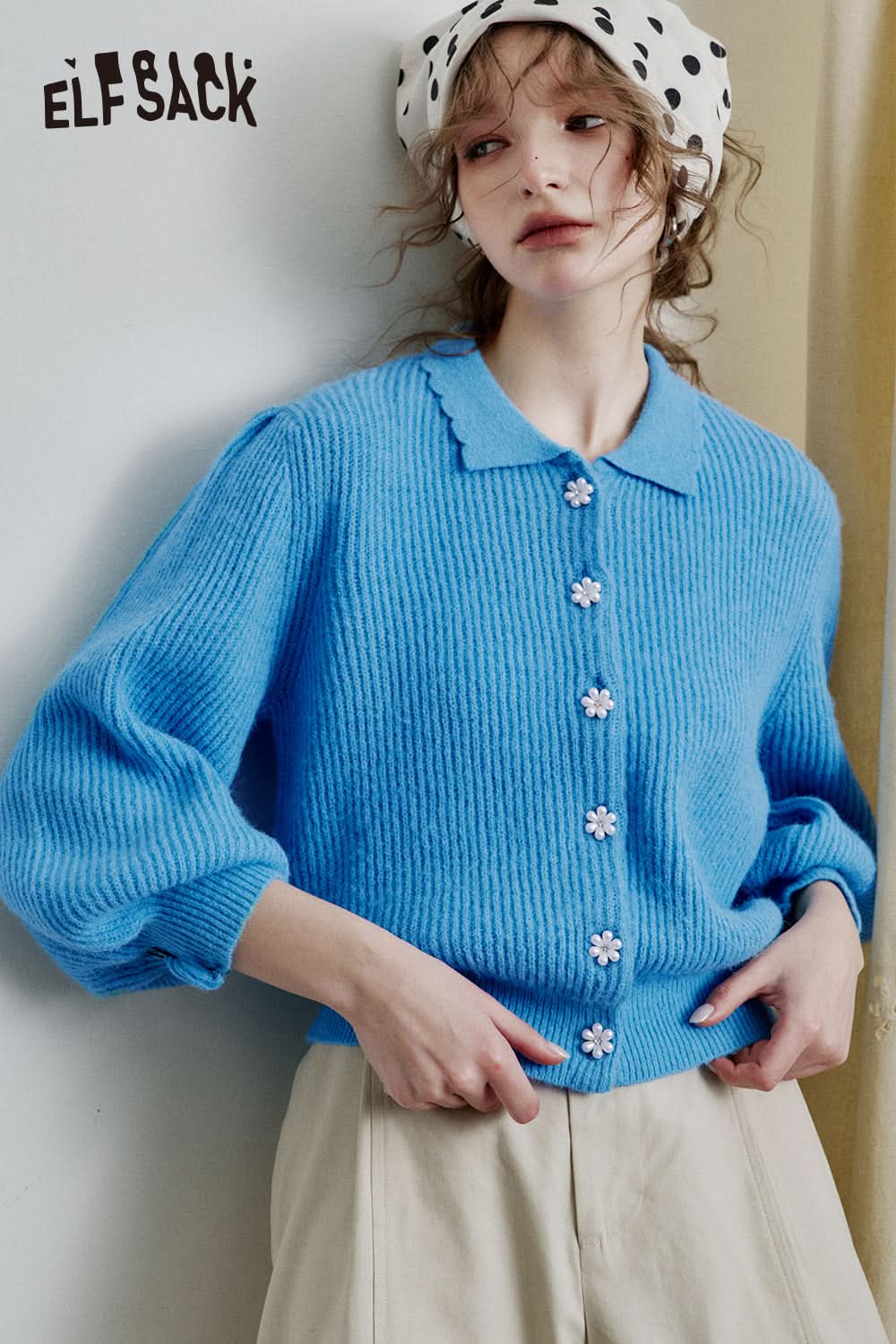 ELFSACK Doll collar single-breasted short knitted cardigan sweet lapel lantern sleeve top