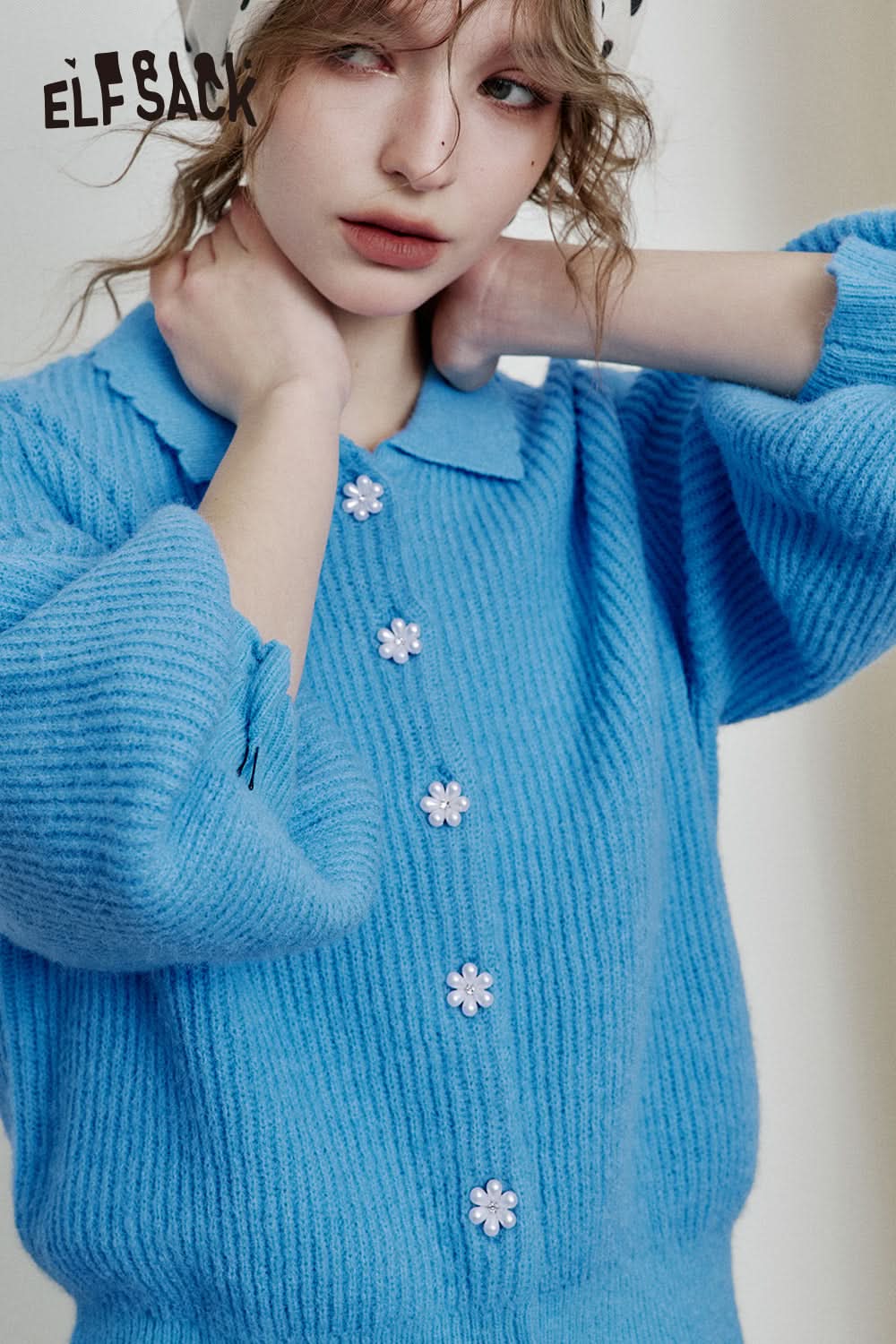 ELFSACK Doll collar single-breasted short knitted cardigan sweet lapel lantern sleeve top