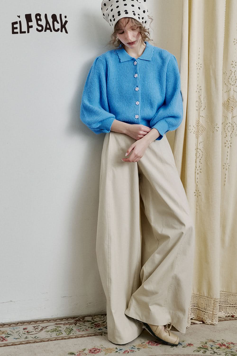 ELFSACK Doll collar single-breasted short knitted cardigan sweet lapel lantern sleeve top