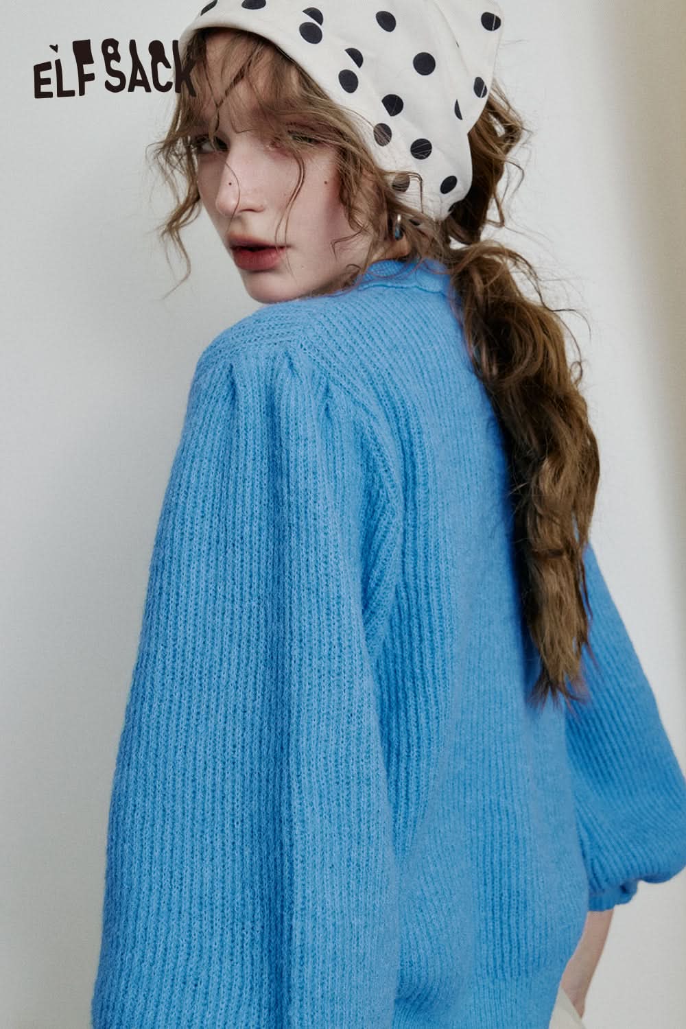 ELFSACK Doll collar single-breasted short knitted cardigan sweet lapel lantern sleeve top