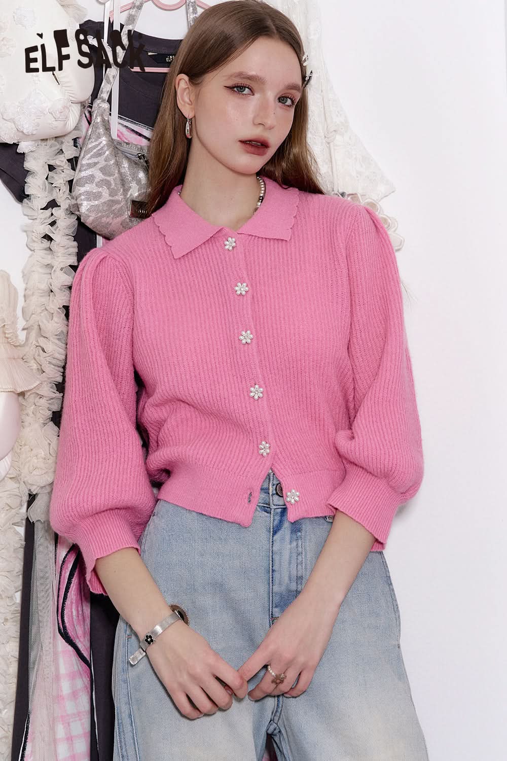 ELFSACK Doll collar single-breasted short knitted cardigan sweet lapel lantern sleeve top