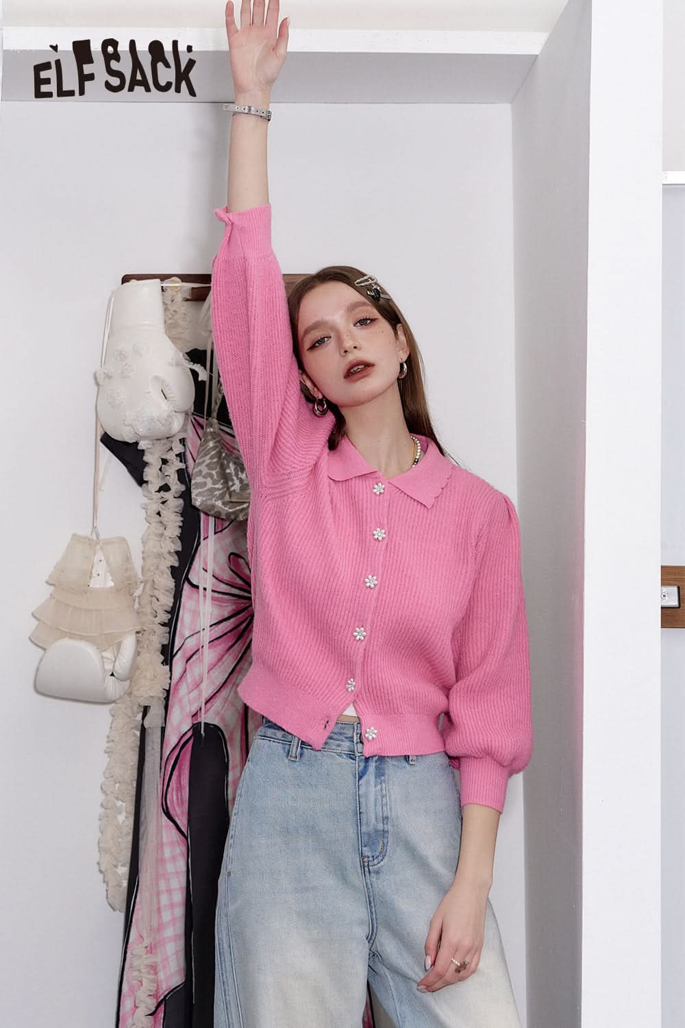 ELFSACK Doll collar single-breasted short knitted cardigan sweet lapel lantern sleeve top