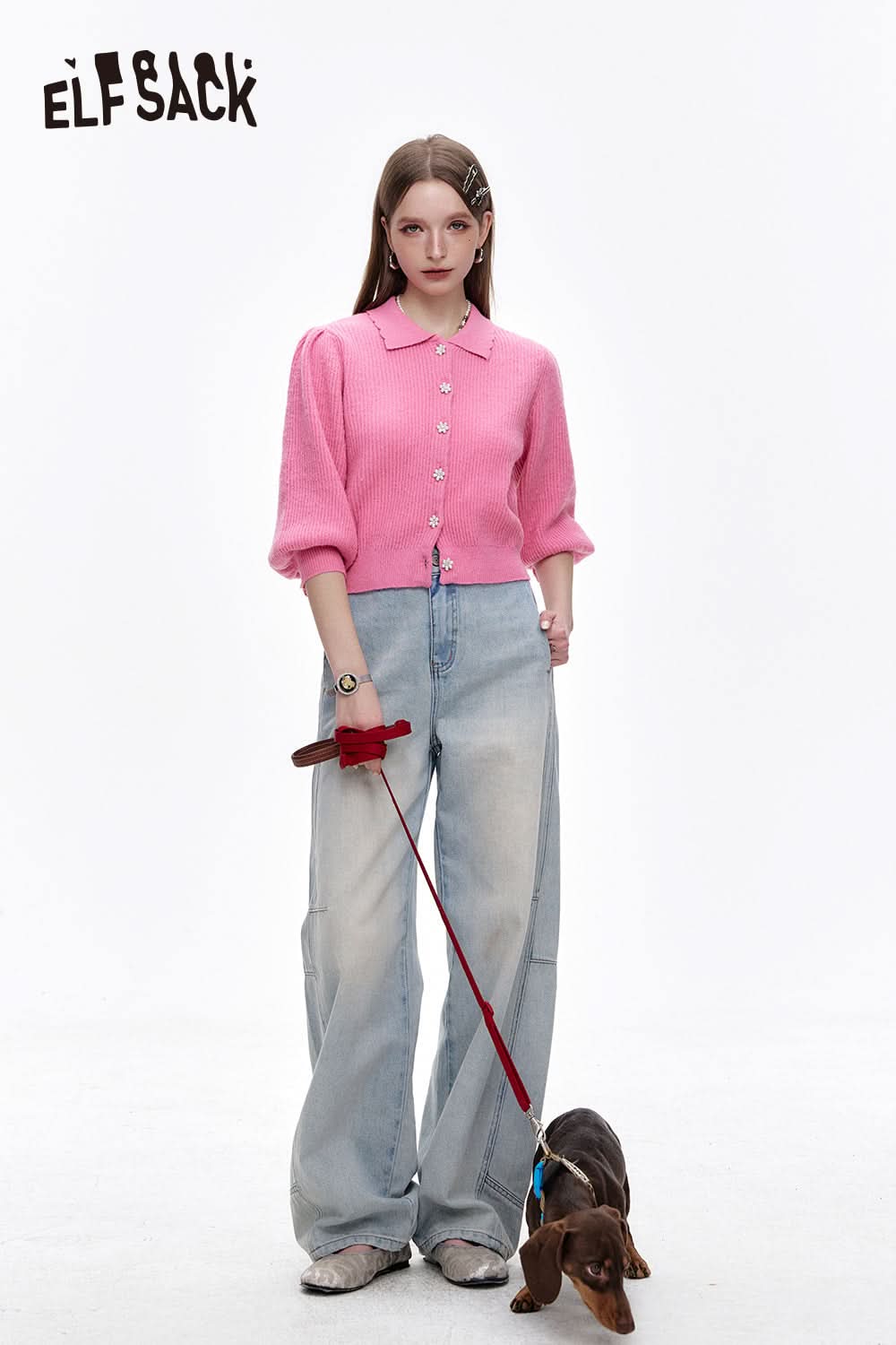 ELFSACK Doll collar single-breasted short knitted cardigan sweet lapel lantern sleeve top