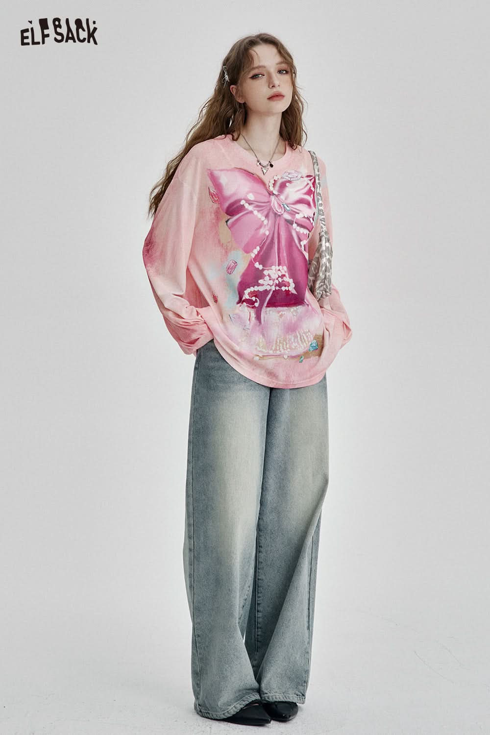 ELFSACK Sweet Cool Bow Print Loose Thin Knitted Pullover Women's Streetwear Smudged Top