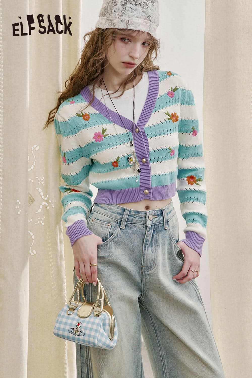 ELFSACK Striped Contrast Color Embroidery V-neck Short Knitted Cardigan Women Y2K Hollow Flower Cotton Top