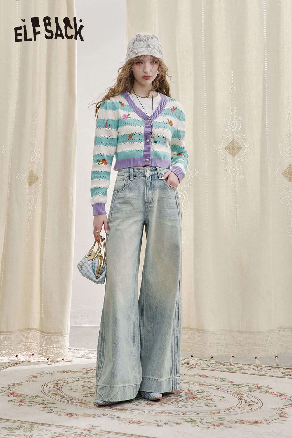 ELFSACK Striped Contrast Color Embroidery V-neck Short Knitted Cardigan Women Y2K Hollow Flower Cotton Top