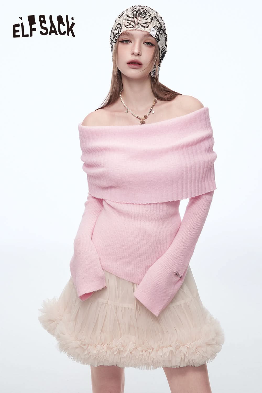 ELFSACK Y2K Pink Off Shoulder Knitted Pullover Women Elegant Sweet Sweater