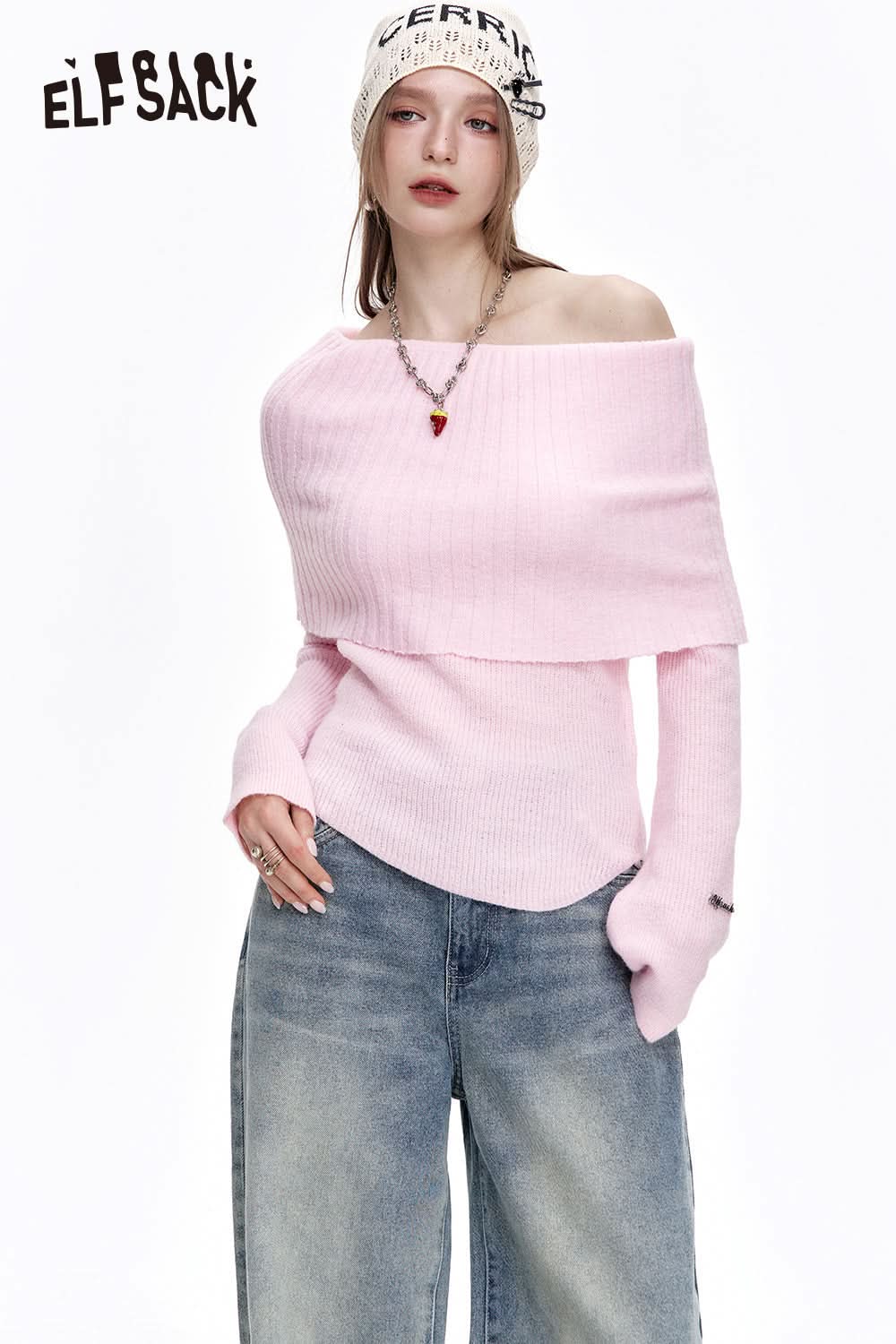 ELFSACK Y2K Pink Off Shoulder Knitted Pullover Women Elegant Sweet Sweater