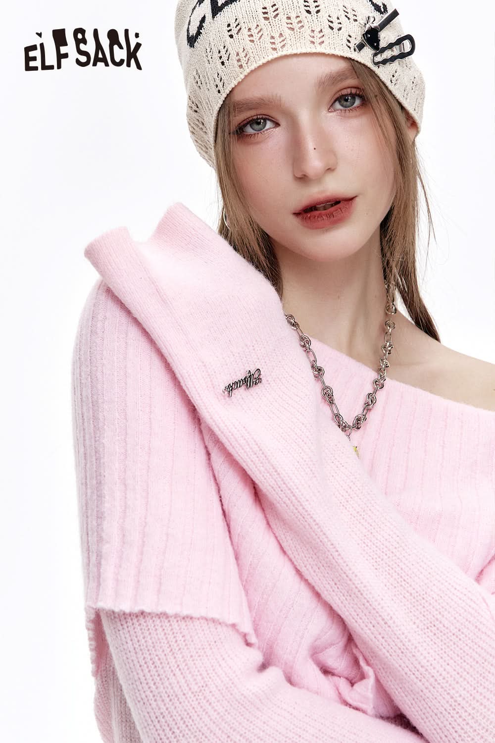 ELFSACK Y2K Pink Off Shoulder Knitted Pullover Women Elegant Sweet Sweater