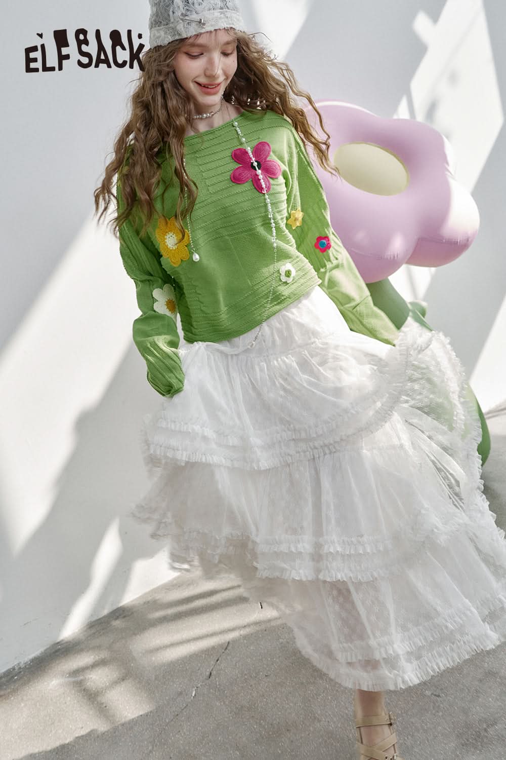 ELFSACK Dopamine Flower Green Long Sleeve Short Knit Pullover Women