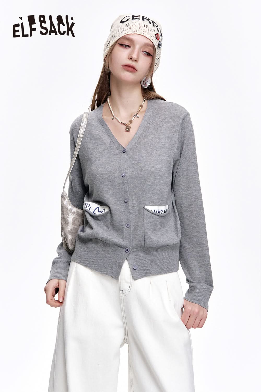 ELFSACK Preppy Style V-neck Pockets Knitted Cardigan Women's Casual Single Breasted Top