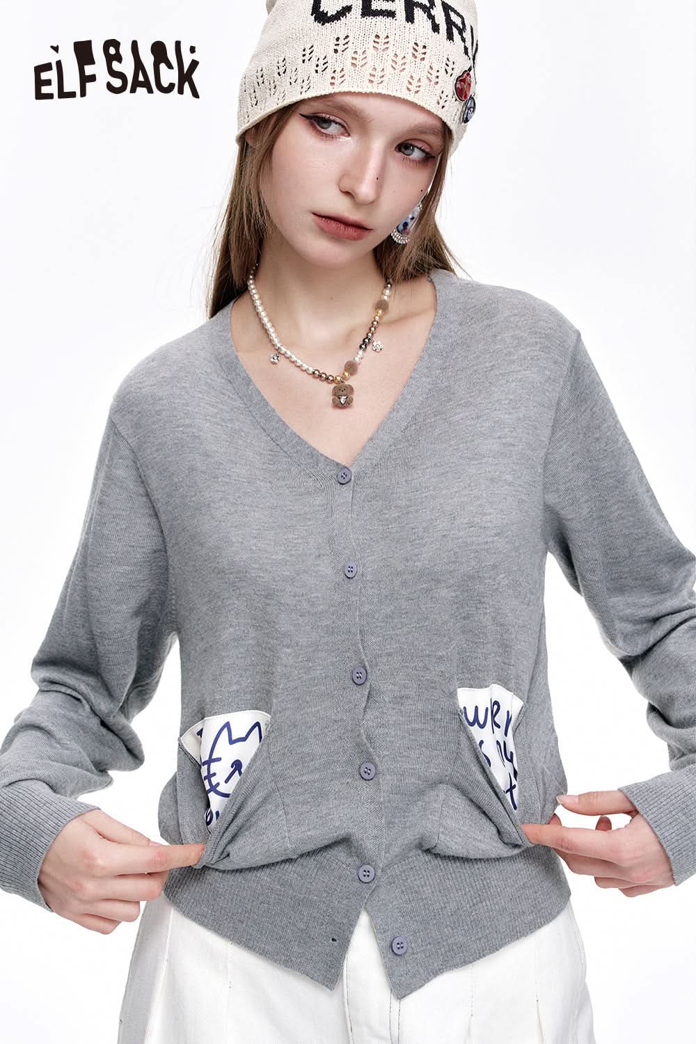 ELFSACK Preppy Style V-neck Pockets Knitted Cardigan Women's Casual Single Breasted Top