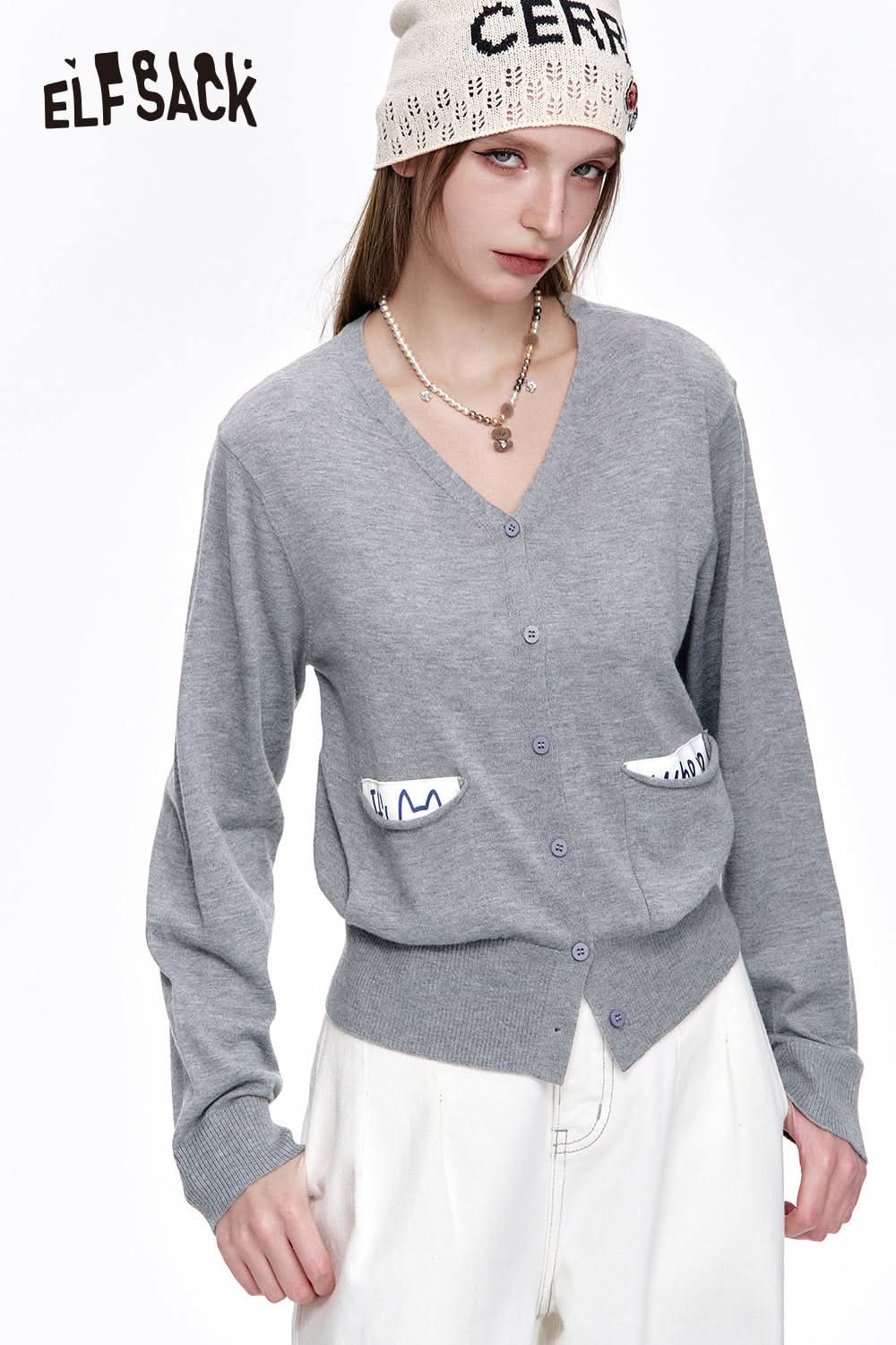 ELFSACK Preppy Style V-neck Pockets Knitted Cardigan Women's Casual Single Breasted Top