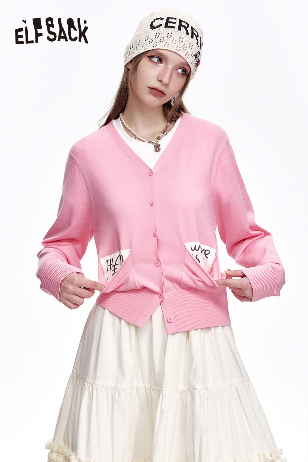 ELFSACK Preppy Style V-neck Pockets Knitted Cardigan Women's Casual Single Breasted Top