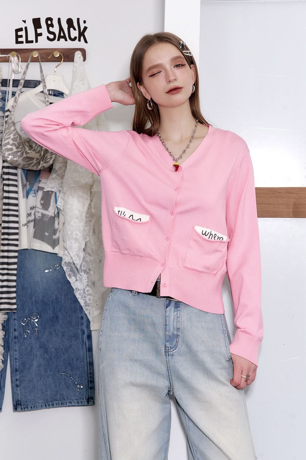 ELFSACK Preppy Style V-neck Pockets Knitted Cardigan Women's Casual Single Breasted Top
