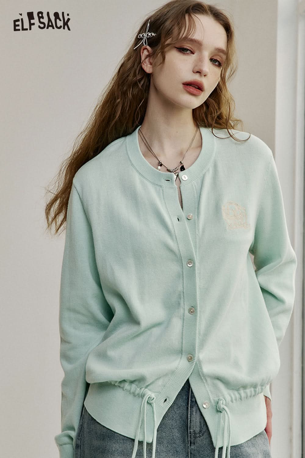 ELFSACK Sweet Dopamine Drawstring O-neck Single Breasted Knit Cardigan