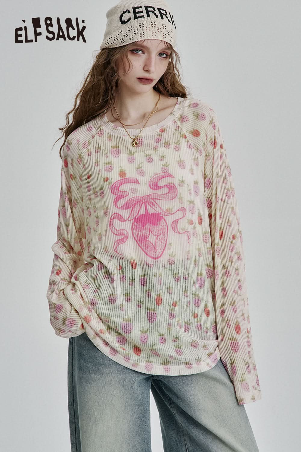 ELFSACK Y2K Full Print Long Sleeve Loose Knit Cardigan Women High Street Thin Cartoon Top