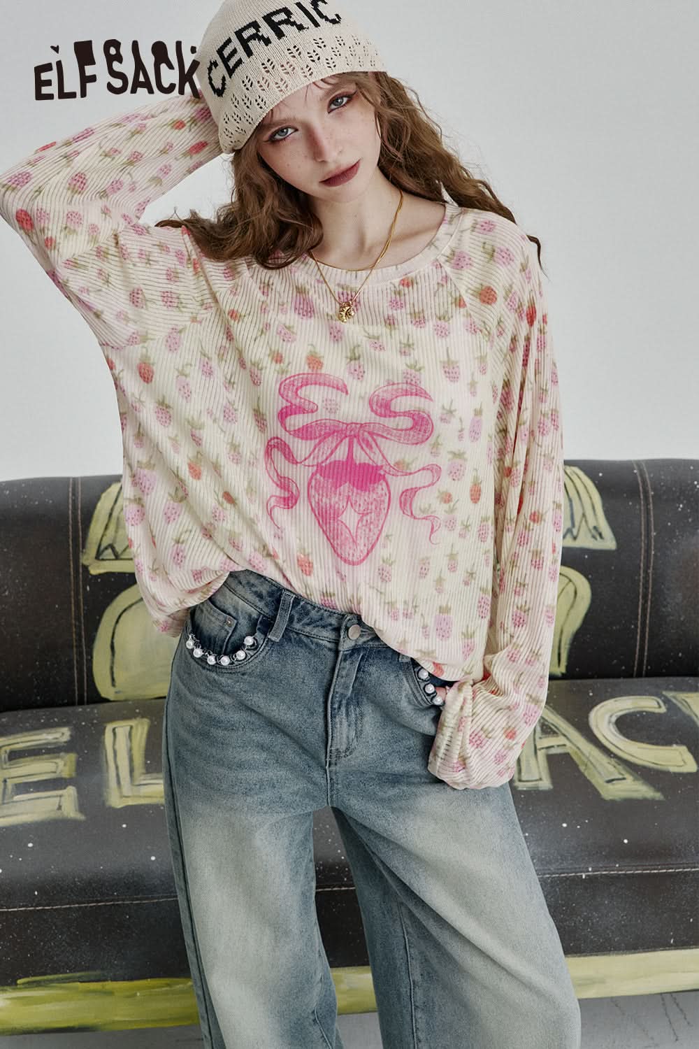 ELFSACK Y2K Full Print Long Sleeve Loose Knit Cardigan Women High Street Thin Cartoon Top