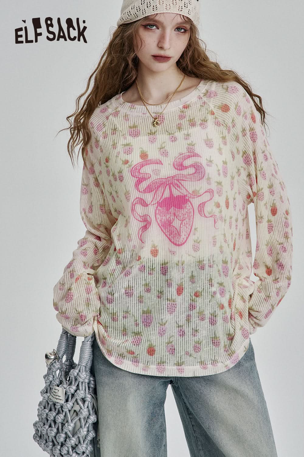 ELFSACK Y2K Full Print Long Sleeve Loose Knit Cardigan Women High Street Thin Cartoon Top