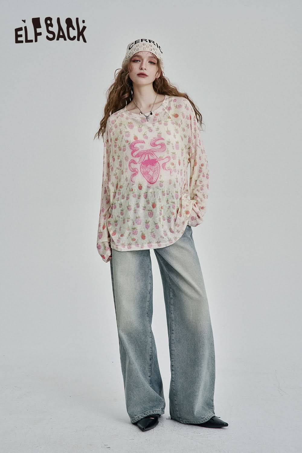 ELFSACK Y2K Full Print Long Sleeve Loose Knit Cardigan Women High Street Thin Cartoon Top