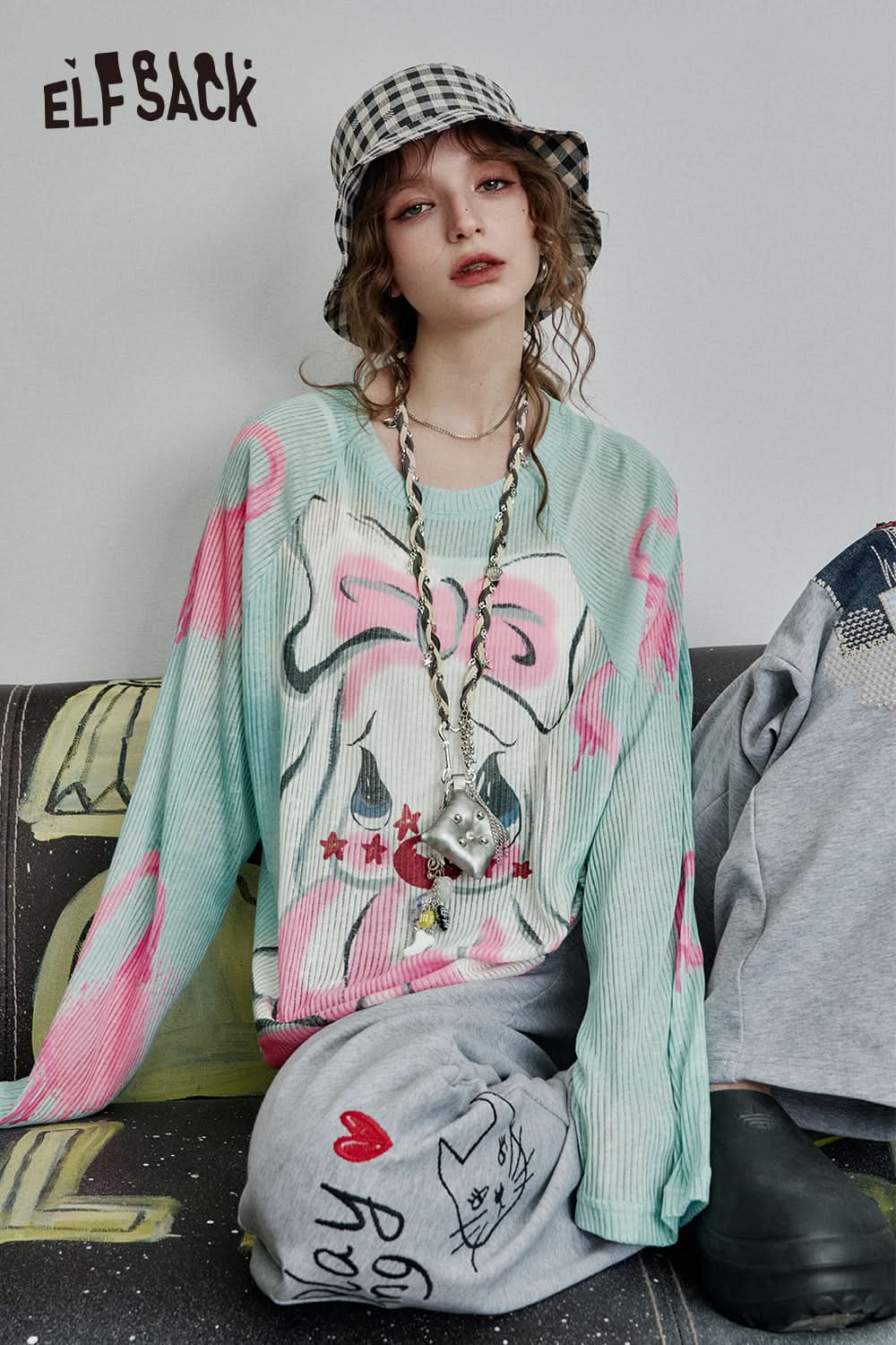 ELFSACK Y2K Full Print Long Sleeve Loose Knit Cardigan Women High Street Thin Cartoon Top