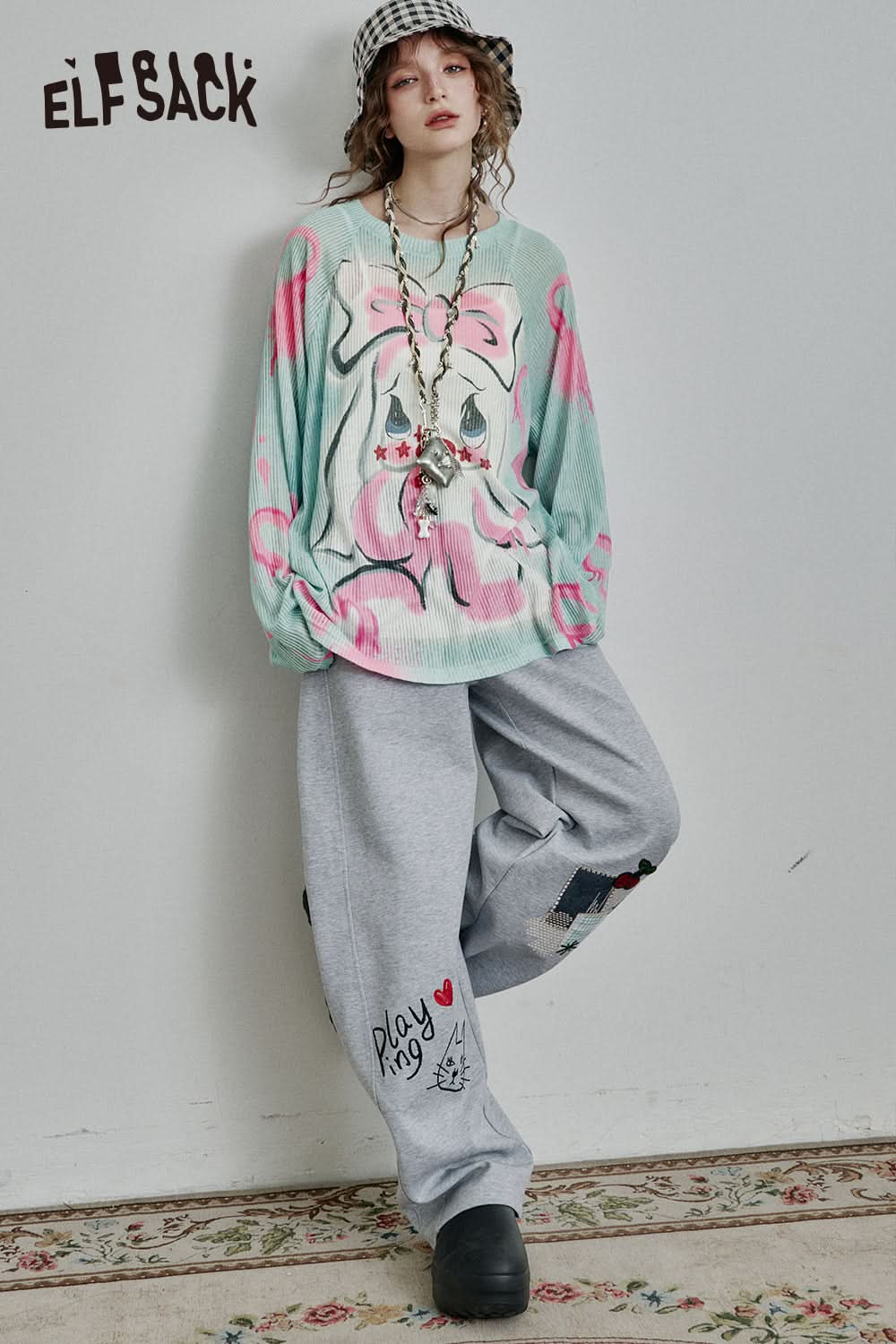 ELFSACK Y2K Full Print Long Sleeve Loose Knit Cardigan Women High Street Thin Cartoon Top