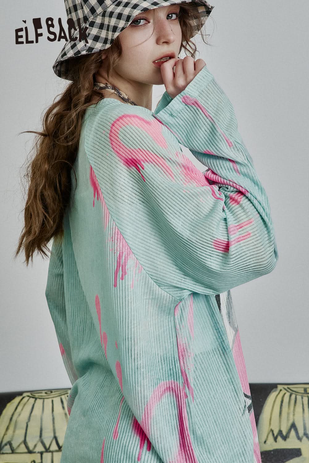 ELFSACK Y2K Full Print Long Sleeve Loose Knit Cardigan Women High Street Thin Cartoon Top