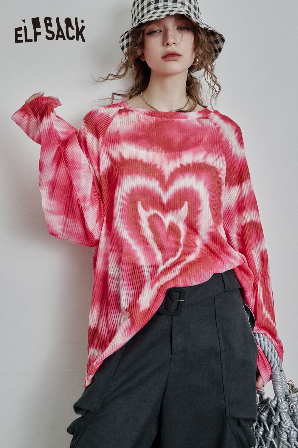 ELFSACK Y2K Full Print Long Sleeve Loose Knit Cardigan Women High Street Thin Cartoon Top